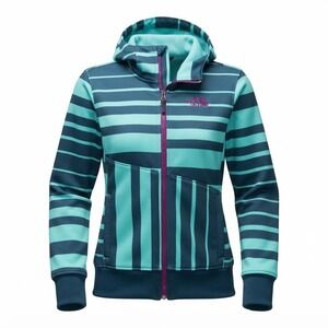 North Face Striped Softshell Hoodie Women M Mint Purple Zip Y2K Sporty